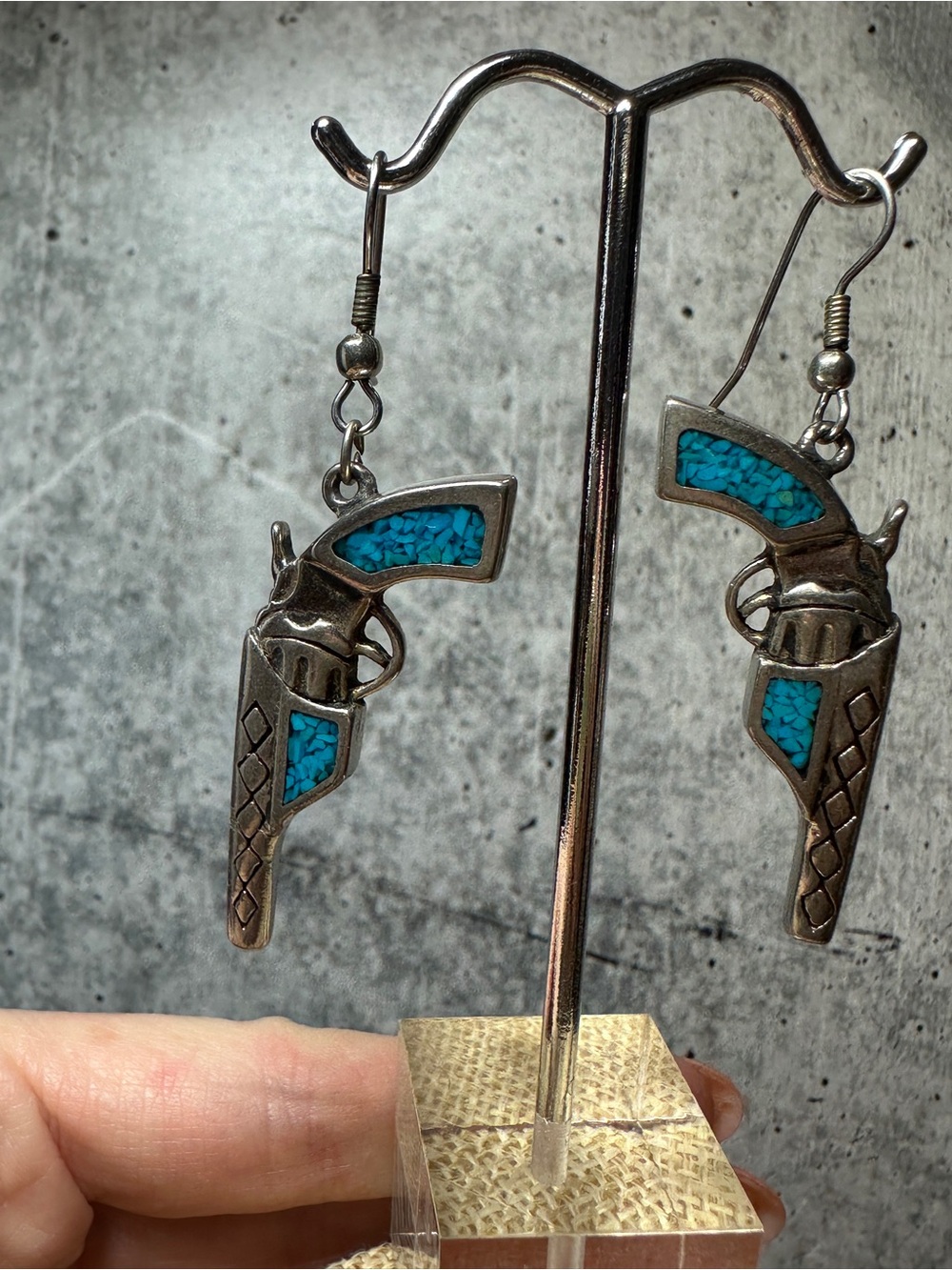 Turquoise Inlay Revolver Dangle Earrings Pierced Western Earrings Sterling